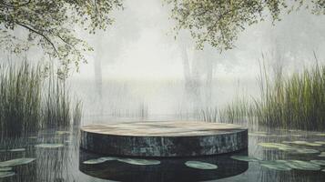 A serene podium rests on still water, enveloped by a mist-filled spring atmosphere. Lush greenery and gentle ripples create a tranquil setting, inviting reflection and inspiration. photo