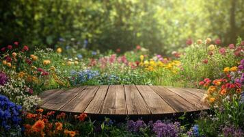 In a lush spring environment, a wooden podium stands amidst a colorful array of blooming flowers. Sunlight filters through the trees, enhancing the enchanting atmosphere of the garden. photo