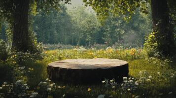 A circular podium made of wood sits surrounded by blooming spring flowers and tall grass under the warm sunlight. Towering trees create a serene atmosphere in a tranquil forest setting. photo