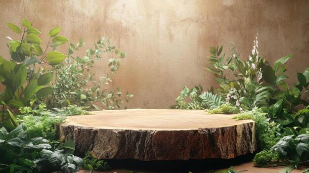 A large wooden podium sits in a tranquil setting, surrounded by various plants and foliage, creating a serene environment. This natural backdrop is ideal for presentations or speakers in spring. photo