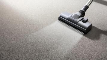 A vacuum cleaner glides across a light-colored carpet, efficiently removing dust and debris. Sunlight filters in, enhancing the clean and fresh atmosphere, ideal for spring cleaning activities. photo