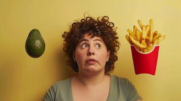 This person looks puzzled between an avocado and a container of fries, highlighting food choices. photo