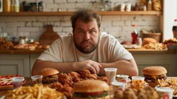 This man sits with a serious expression amid a table filled with a variety of fast food items. photo