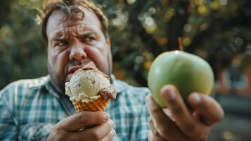 This man looks frustrated while deciding between ice cream and an apple outdoors. photo