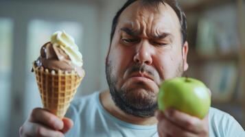 This man weighs the decision between an ice cream cone and an apple, showing visible conflict. photo