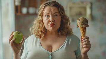 This person holds an apple in one hand and an ice cream cone in the other, contemplating decisions. photo