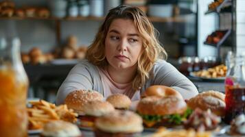 This Person looks pensive while surrounded by an array of tempting fast food items at a restaurant. photo