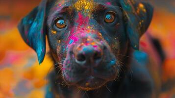 This black dog joyfully participates in Holi, showcasing its fur covered in bright colors. photo