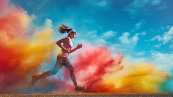 This woman enthusiastically runs through a cloud of bright powdered colors during the Holi festival. photo