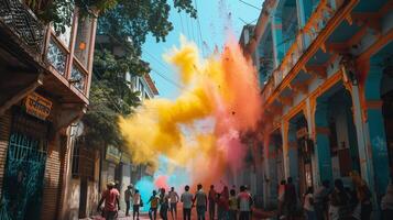 This Participants revel in Holi festivities as colorful powders explode in the air, creating joy. photo