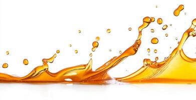 Liquid honey splashes across a white surface, forming an abstract pattern. The rich golden color contrasts sharply with the bright background, highlighting the fluid motion and texture of the honey. photo