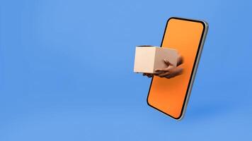 African Courier's Hands Giving Parcel Box From Smartphone Screen Delivering Package To Customer Over Yellow Studio Background. Delivery Application. Collage, Panorama With Empty Space For Text photo
