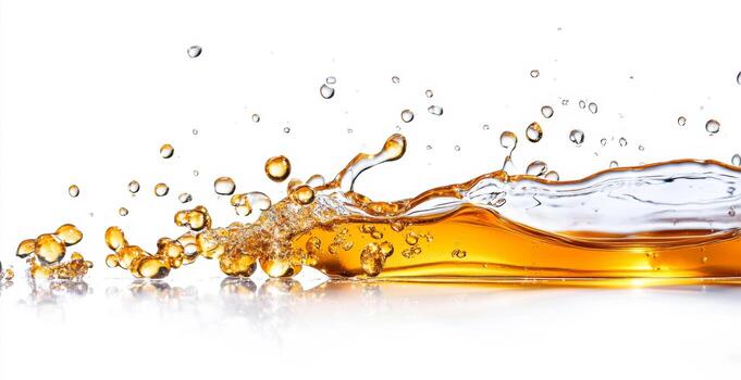 Honey splashes dynamically in the air, creating a beautiful cascade of golden liquid droplets against a clean, bright background. The sunlight enhances the glossy texture and movement. photo