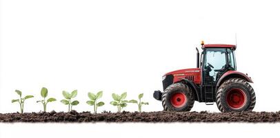 A modern tractor operates on a farm, skillfully tending to rows of young green plants. The equipment showcases innovation in agriculture, optimizing cultivation processes on fertile land. photo