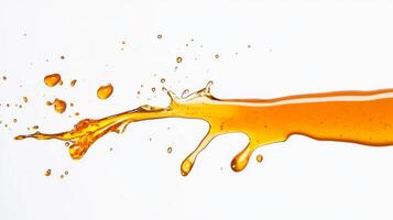 Golden honey spills and splashes brightly against a clean white backdrop, capturing the fluid motion and texture of the liquid. The dynamic movement showcases the sweetness and viscosity of honey. photo