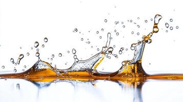 Golden honey cascades and creates stunning splashes against a neutral background. The liquid flows effortlessly, capturing the essence of its sweetness and texture, inviting sensory exploration. photo