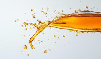 Golden honey splashes create an eye-catching display as they are poured, showcasing the rich, luscious texture. The vibrant liquid contrasts beautifully with the clean backdrop. photo