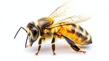 A detailed close-up captures a honey bee, highlighting its distinct features and colors. This scene reflects the importance of bees in organics and sustainable agriculture. photo