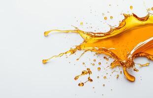 Golden honey splashes across a minimalist surface, creating dynamic droplets in mid-air. The vibrant color stands out against the neutral background, showcasing the liquid's texture and flow. photo