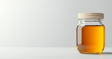 A glass jar filled with golden organic honey is displayed on a clean, minimalistic surface. This natural sweetener represents sustainable beekeeping and healthy choices in food. photo