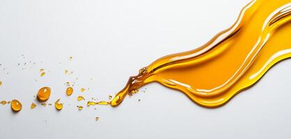 Golden honey streams across a smooth surface, forming splashes and droplets. The rich color contrasts with the background, showcasing the texture and fluidity of this sweet liquid. photo