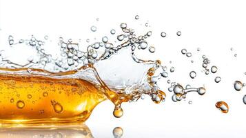 Golden honey splashes energetically as it collides with a surface, forming a cascade of droplets. The clarity of the setting enhances the vibrant color and movement of the liquid. photo