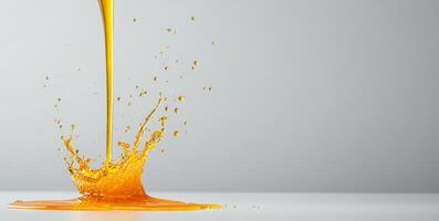 Golden honey flows gracefully, splashing against a flat surface and creating dynamic droplets and rich textures. The clear background highlights the liquid's vivid color and movement. photo