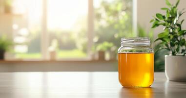 A jar of organic honey sits on a wooden table, illuminated by warm natural light. The background features lush greenery, enhancing the serene atmosphere of this beekeeping endeavor. photo