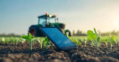A smartphone rests on rich soil among young plants, showcasing the integration of technology in agriculture. A tractor is visible in the background, indicating ongoing farming activities. photo