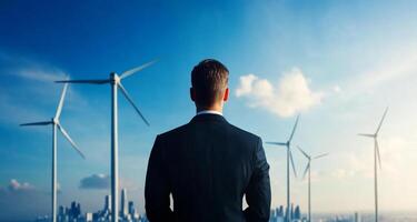 A man in a business suit stands with his back to the viewer, gazing at several wind turbines. photo