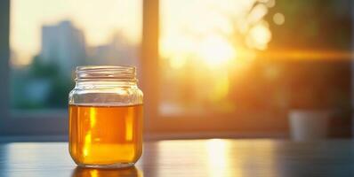 A glass jar filled with golden organic honey sits on a table. Warm sunlight streams through the window, casting a soft glow over the jar. photo