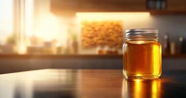 A jar of organic honey sits on a wooden table in a bright kitchen. Sunlight streams through the window, highlighting the rich golden color of the honey. photo