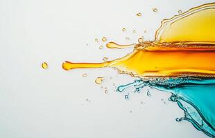 Bright splashes of honey coexist with vibrant liquid droplets, blending together in an artistic display. This dynamic interaction captures the essence of fluid motion and color contrast. photo