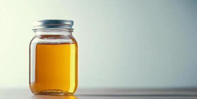 A jar of golden honey stands on a smooth surface with splashes of the liquid reflecting soft light. The backdrop is plain, highlighting the honey's vibrant color and texture. photo