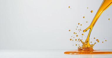 Golden honey flows gracefully, creating splashes as it meets a smooth surface. This moment captures the rich texture and vibrant color, showcasing the natural beauty of honey in action. photo