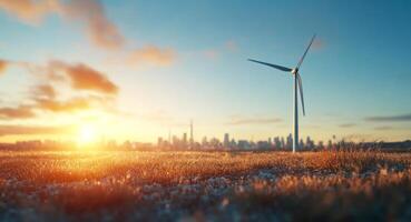 Wind turbines stand tall in a field during sunrise, generating energy while the city skyline glows in the background. The sun casts warm light on the grass, highlighting ecological efforts. photo