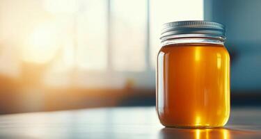 A clear jar filled with golden organic honey sits on a wooden table. The warm sunlight filters through a window, creating an inviting atmosphere in a rustic kitchen. photo