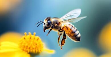 Bees are busy collecting nectar from bright yellow flowers in an organic garden during the day. This activity supports beekeeping and pollination, promoting a healthy ecosystem. photo