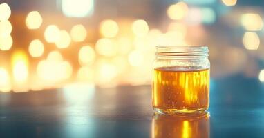 A jar filled with golden organic honey sits on a smooth surface, reflecting soft light from a blurred backdrop. The warm tones create a cozy atmosphere, emphasizing the natural product's richness. photo