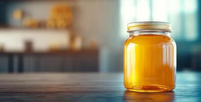 A jar of golden honey sits on a wooden table in a sunlit kitchen, emphasizing the beauty of organic beekeeping. The warm tones of the honey add richness to the rustic setting. photo