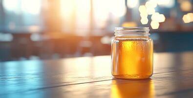 A jar of organic honey sits on a rustic wooden table, illuminated by the warm glow of golden hour. The soft lighting highlights the rich amber color and natural texture of the honey. photo