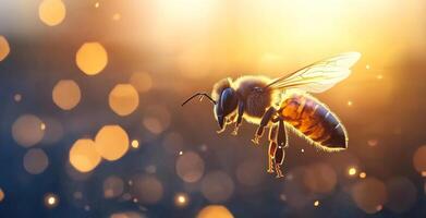 A honey bee hovers gracefully in the warm sunlight, surrounded by shimmering bokeh effects. The scene captures the intricate beauty of the bee and its environment, emphasizing its role in nature. photo
