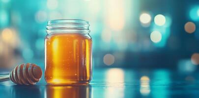 A glass jar filled with golden organic honey sits on a rustic table. A wooden dipper rests beside it, reflecting the warm, inviting glow of light in the cozy environment. photo