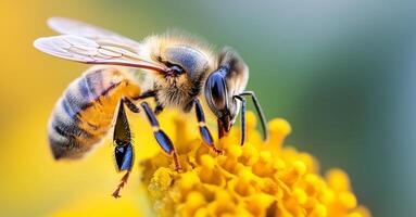 A honeybee is seen busily collecting nectar from a bright yellow flower in an organic garden. This process highlights the essential role of bees in pollination and organic beekeeping practices. photo