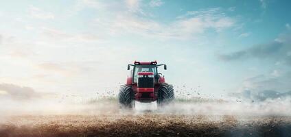 A powerful red tractor moves across a freshly plowed farm field, creating dust and mist. The sun shines brightly in the clear blue sky, highlighting the agricultural activity in a rural setting. photo