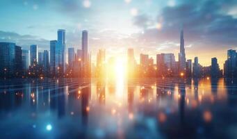 As the sun rises above a contemporary skyline, its warm rays illuminate the buildings while reflecting on the calm water below, creating a stunning blend of natural and urban beauty. photo