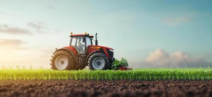 A modern tractor plows through vibrant green fields under a clear blue sky. The vehicle enhances farming efficiency while the sun casts a warm light on the growing crops around it. photo