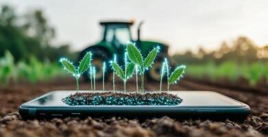 A smartphone displays digital plants growing on its screen, symbolizing the integration of technology in farming. photo