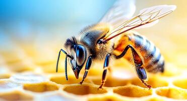 A honeybee is diligently tending to a section of honeycomb, showcasing the intricate design and golden hues of organic honey. This captures the essence of beekeeping in a lush, natural environment. photo