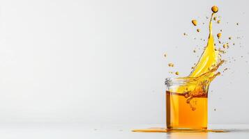 Golden honey splashes dramatically from a glass jar, creating a mesmerizing liquid display against a simple light background. The scene captures the essence of sweetness and movement. photo